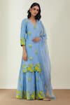 Shop_Label Earthen_Blue Cotton Mul Embroidery V Neck Printed Sharara And Kurta Set _Online_at_Aza_Fashions