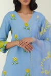 Label Earthen_Blue Cotton Mul Embroidery V Neck Printed Sharara And Kurta Set _at_Aza_Fashions