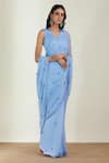Label Earthen_Blue Saree Chiffon Blouse Satin Silk Embroidery V Neck With _Online_at_Aza_Fashions