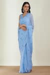 Buy_Label Earthen_Blue Saree Chiffon Blouse Satin Silk Embroidery V Neck With _Online_at_Aza_Fashions