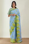 Buy_Label Earthen_Blue Cotton Mul Embroidery Round Floral Printed Saree With Blouse _at_Aza_Fashions