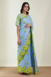 Label Earthen_Blue Cotton Mul Embroidery Round Floral Printed Saree With Blouse _Online_at_Aza_Fashions