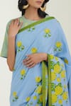 Label Earthen_Blue Cotton Mul Embroidery Round Floral Printed Saree With Blouse _at_Aza_Fashions