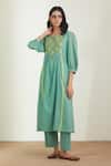 Shop_Label Earthen_Green Cotton Mul Notched Printed Kurta With Pant _Online_at_Aza_Fashions