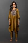 Shop Prahnaaya Yellow Satin Silk Round Embroidered Kurta Set at Aza Fashions Shop_Prahnaaya_Yellow Satin Silk Round Embroidered Kurta Set _at_Aza_Fashions
