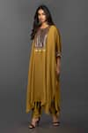 Shop_PRAHNAAYA_Yellow Satin Silk Embroidery Round Kaftan Kurta And Dhoti Pant Set _at_Aza_Fashions