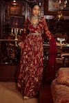 Buy_Kalista_Maroon Viscose Georgette Hand Painted Floral Kiyara Print Anarkali With Dupatta _at_Aza_Fashions