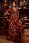 Kalista_Maroon Viscose Georgette Hand Painted Floral Kiyara Print Anarkali With Dupatta _Online_at_Aza_Fashions