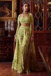 Kalista_Green Georgette, Cotton Silk, Reyhana Printed Cape Gharara Set _Online_at_Aza_Fashions