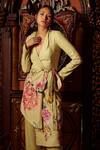 Shop_Kalista_Green Moss Crepe Hand Painted Floral Motifs V Neck Cynthia Jacket And Pant Set _Online_at_Aza_Fashions