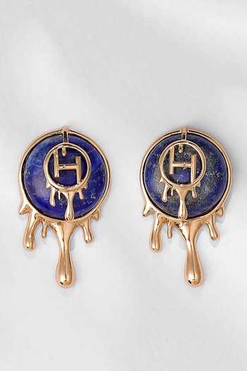 Shop_Outhouse_Gold Plated Lace Drip Oh Palescent Lapis Stud Earrings _at_Aza_Fashions