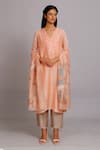 Buy_Oja_Peach 70% Linen Handloom Silk Embroidered Kurta Set _at_Aza_Fashions