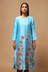 Oja_Blue 70% Linen Handloom Silk Applique Kurta And Pant Set _Online_at_Aza_Fashions