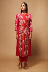 Buy_Oja_Red 70% Linen Handloom Silk Applique Kurta And Pant Set _at_Aza_Fashions