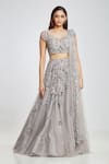 Shop_Ohaila Khan_Grey Embroidery V Neck Embellished Bridal Lehenga Set _at_Aza_Fashions