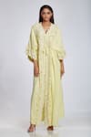 Ohaila Khan_Yellow Crepe Embroidery V Neck Embellished Kaftan  _Online_at_Aza_Fashions