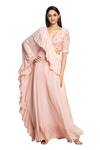 Buy_Ohaila Khan_Pink Tulle Blouse V Neck Cape One Shoulder Embroidered And Pant Set  _at_Aza_Fashions