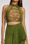 Ohaila Khan_Green Net Embroidery High Neck Printed Crop Top  _at_Aza_Fashions