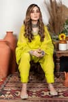 Ohaila Khan_Yellow Organza Embroidery V Neck Lace Kurta Set  _Online_at_Aza_Fashions