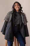 Shop_Rhe-Ana_Grey Wool Blend Embellished Fur Shirt Collar Saz Cape  _Online_at_Aza_Fashions