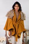 Rhe-Ana_Yellow Poly , Wool Blend Shirt Collar Saz Cape _Online_at_Aza_Fashions