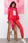 Shop_Rhe-Ana_Red 100% Polyester Embellished Fur Open Midge Jacket And Joggers Set  _at_Aza_Fashions