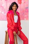 Buy_Rhe-Ana_Red 100% Polyester Embellished Fur Open Midge Jacket And Joggers Set  _Online_at_Aza_Fashions