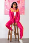 Shop_Rhe-Ana_Pink 100% Polyester Embellished Fur Open Midge Jacket And Joggers Set  _at_Aza_Fashions