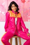 Shop_Rhe-Ana_Pink 100% Polyester Embellished Fur Open Midge Jacket And Joggers Set  _Online_at_Aza_Fashions