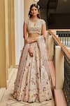 Buy_Osaa by Adarsh_Peach Mulberry Silk V Neck Hand Embroidered Bridal Lehenga Set _at_Aza_Fashions