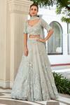 Buy_Osaa By Adarsh_Grey Organza Floral, Bead Leaf Neck Embroidered Bridal Lehenga Set _at_Aza_Fashions