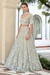 Osaa By Adarsh_Grey Organza Floral, Bead Leaf Neck Embroidered Bridal Lehenga Set _Online_at_Aza_Fashions