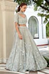 Buy_Osaa By Adarsh_Grey Organza Floral, Bead Leaf Neck Embroidered Bridal Lehenga Set _Online_at_Aza_Fashions