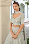 Osaa By Adarsh_Grey Organza Floral, Bead Leaf Neck Embroidered Bridal Lehenga Set _at_Aza_Fashions