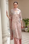 Osaa By Adarsh_Peach Organza Thread And Sequin V Neck Floral Embroidered Kurta Palazzo Set _Online_at_Aza_Fashions