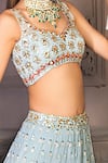 Izzumi Mehta_Blue Lucknowi Leaf Neck Embroidered Bridal Lehenga Set_Online_at_Aza_Fashions