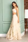 Buy Izzumi Mehta Beige Organza, Korean Crepe V Neck Embroidered Blouse And Layered Lehenga Set at Aza Fashions Buy_Izzumi Mehta_Beige Organza, Korean Crepe V Neck Embroidered Blouse And Layered Lehenga Set _at_Aza_Fashions