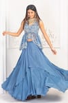Buy_Izzumi Mehta_Blue Organza, Korean Crepe V Neck Peplum Blouse And Layered Lehenga Set _at_Aza_Fashions