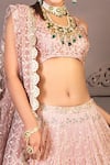 Izzumi Mehta_Pink Lucknowi Leaf Neck Embroidered Bridal Lehenga Set _Online_at_Aza_Fashions