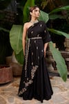 Buy_Prathyusha Garimella_Black Shantoon Embroidered Floral Motif One Shoulder Kurta Set  _at_Aza_Fashions