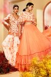 Priyaa_Orange Georgette Floral Embroidery V Neck Jacket Kurta And Sharara Set _Online_at_Aza_Fashions