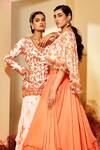 Buy_Priyaa_Orange Georgette Floral Embroidery V Neck Jacket Kurta And Sharara Set _Online_at_Aza_Fashions