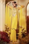 Shop_Priyaa_Yellow Cape Net, Kurta And Sharara Georgette Gota & Resham Embroidered Set With _at_Aza_Fashions