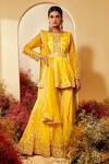 Buy_Priyaa_Yellow Net Gota And Resham Work Round Embroidered Peplum Kurta Sharara Set _at_Aza_Fashions