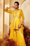 Shop_Priyaa_Yellow Net Gota And Resham Work Round Embroidered Peplum Kurta Sharara Set _at_Aza_Fashions