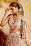 Priyaa_Peach Net Embroidered Gota And Mirror Work V Neck & Bridal Lehenga Set _Online_at_Aza_Fashions