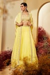 Buy_Priyaa_Yellow Net, Crepe Chiffon Dori Work, Mirror Work, Embroidered Cape Lehenga Set _at_Aza_Fashions