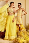 Priyaa_Yellow Net, Crepe Chiffon Dori Work, Mirror Work, Embroidered Cape Lehenga Set _Online_at_Aza_Fashions