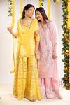 Shop_Priyaa_Yellow Net, Chanderi Silk Gota And Mirror V Neck Kurta Sharara Set _at_Aza_Fashions