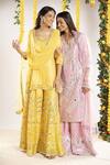 Shop_Priyaa_Pink Net, Chanderi Silk Gota And Mirror Notched Kurta Sharara Set _at_Aza_Fashions